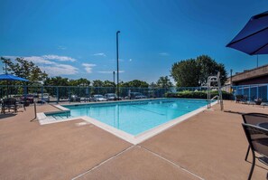 Seasonal outdoor pool, pool umbrellas, sun loungers
