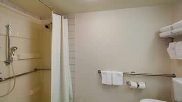 Ein Badezimmer mit Dusche, Toilette und Handtuchhalter.
