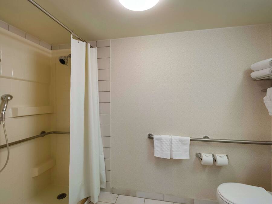Ein Badezimmer mit Dusche, Toilette und Handtuchhalter.