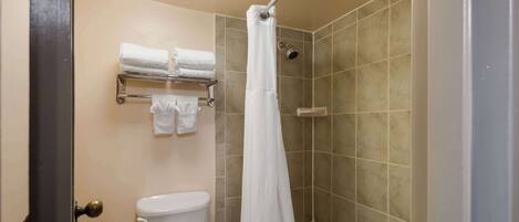 A bathroom with a shower, toilet, and towel rack.