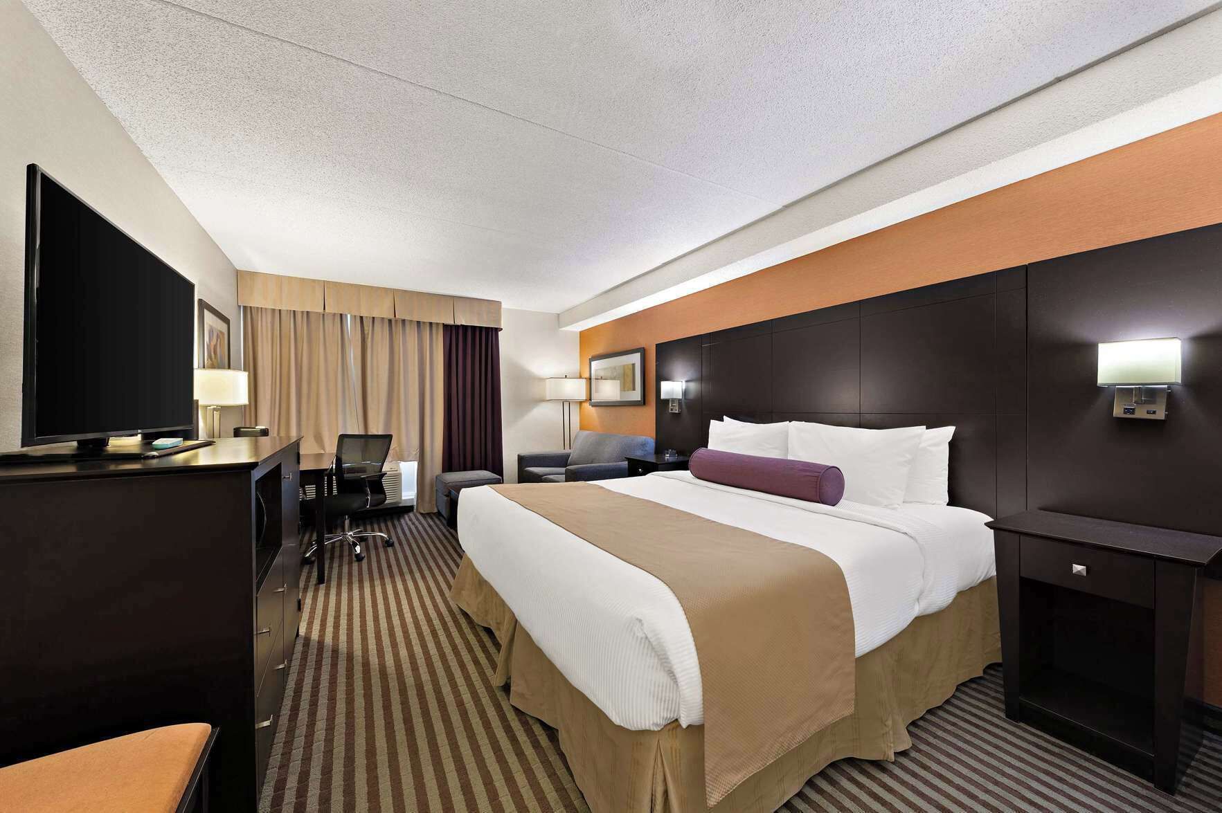 Hypo-allergenic bedding, pillow-top beds, desk, laptop workspace