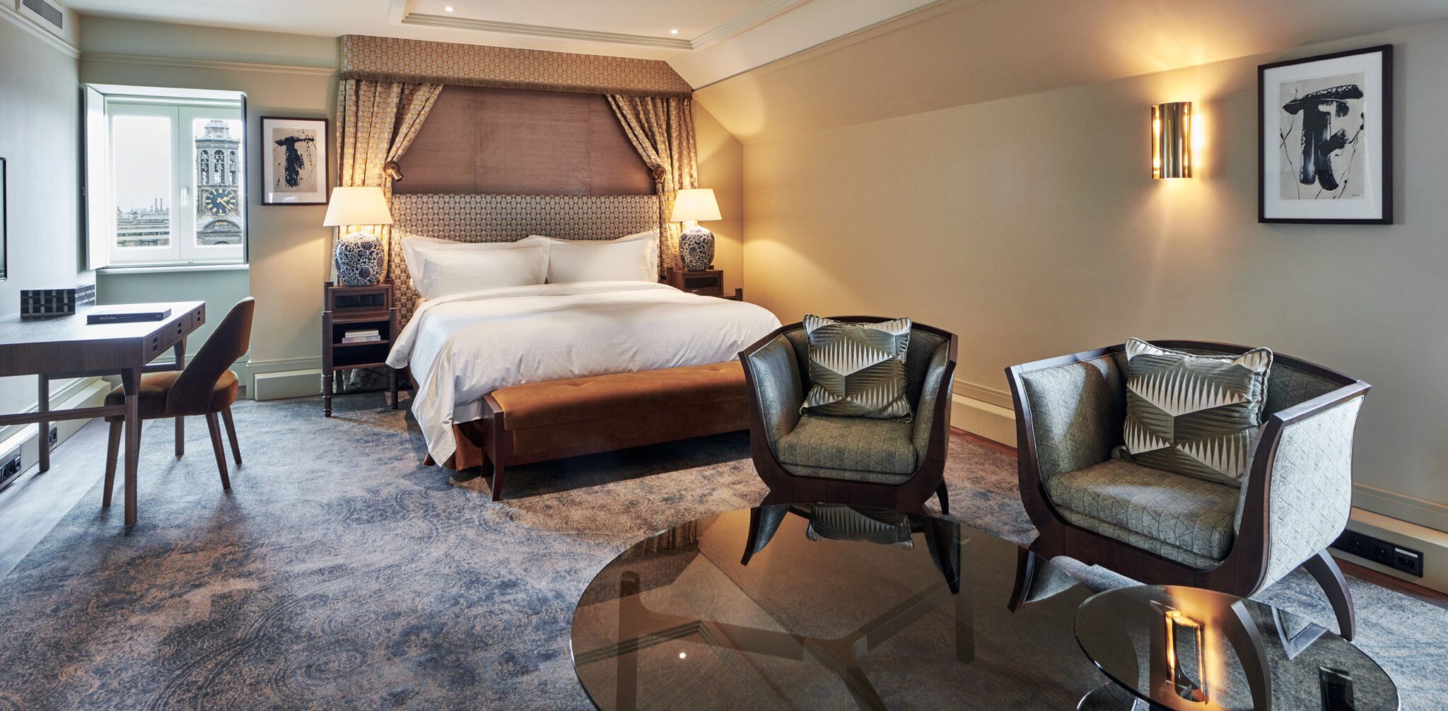Hypo-allergenic bedding, free minibar items, in-room safe, desk