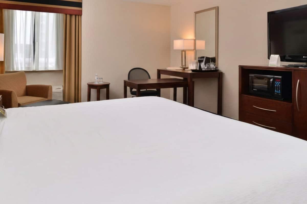 A hotel room with a large bed, a desk, a chair, a television, and a microwave.