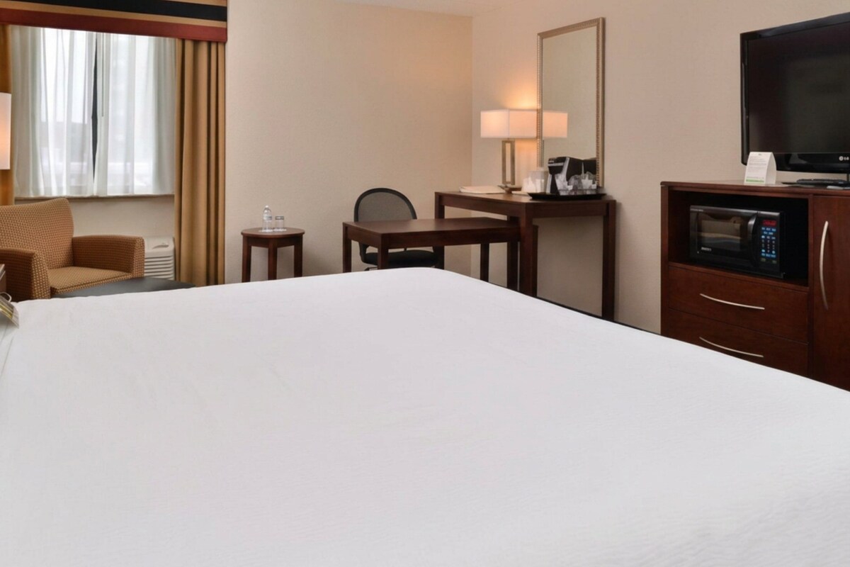 A hotel room with a large bed, a desk, a chair, a television, and a microwave.