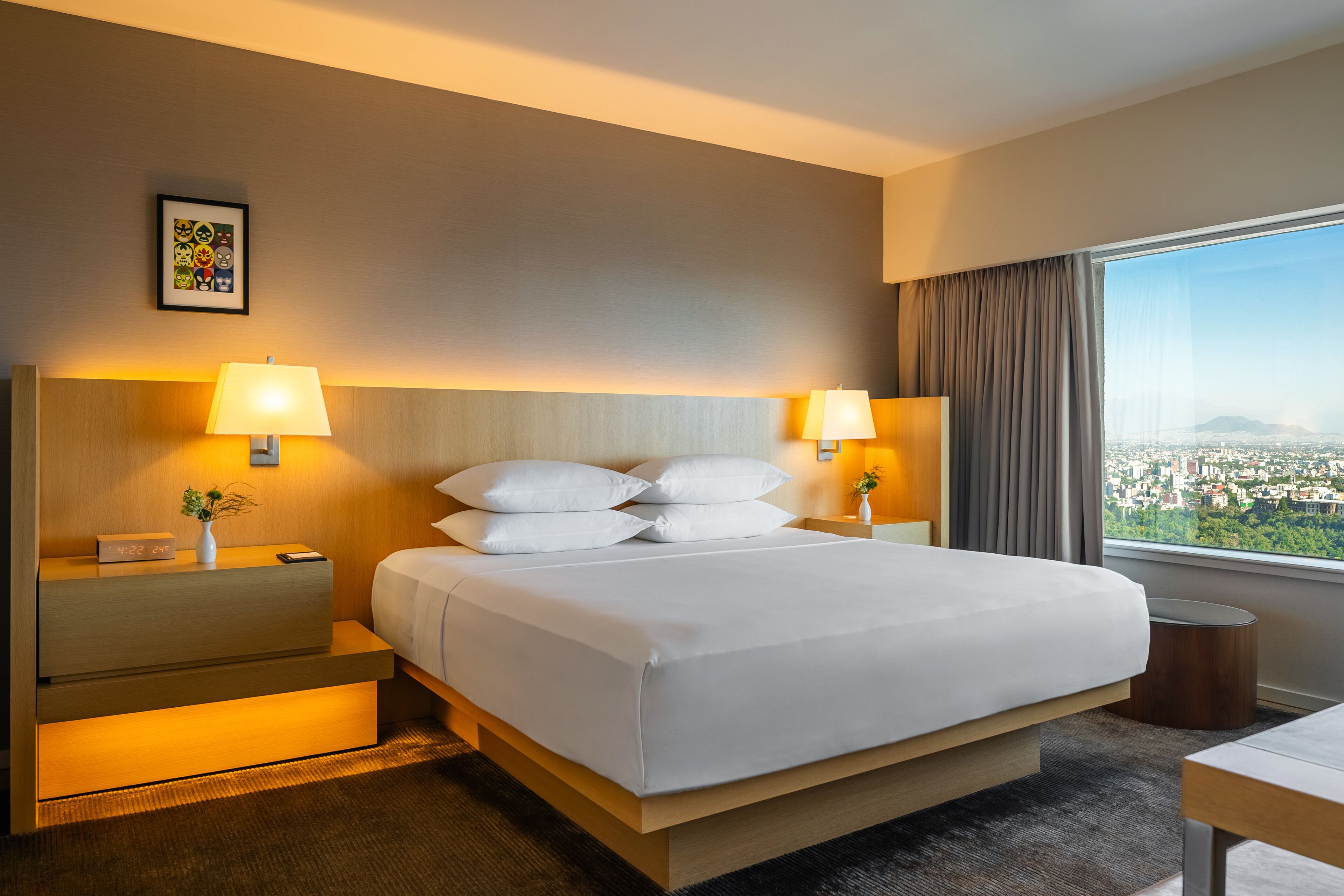 A hotel room with a large bed, two bedside tables, a nightstand, a view of the city, and a framed picture on the wall.