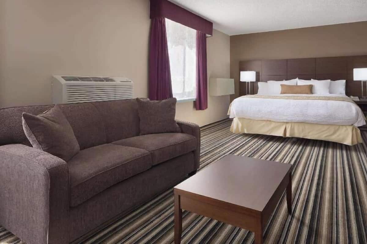 A hotel room with a bed, a sofa, a table, and an air conditioning unit.