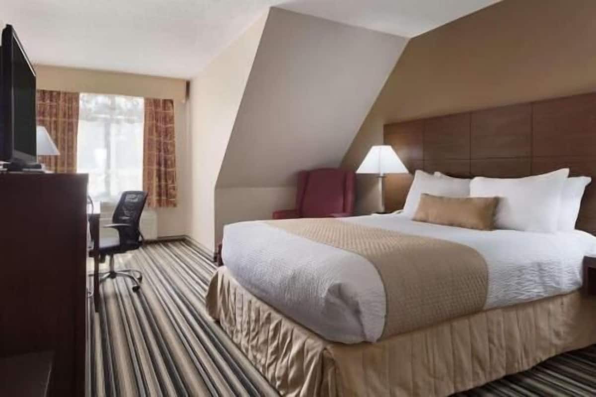 A hotel room with a bed, a desk, a chair, and a television.