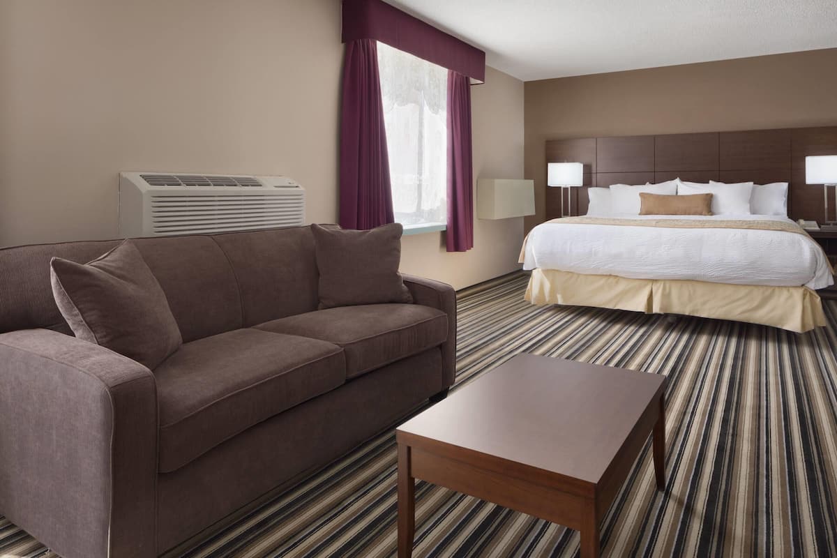 A hotel room with a brown sofa, a wooden coffee table, a striped carpet, a bed with white bedding, and an air conditioning unit.