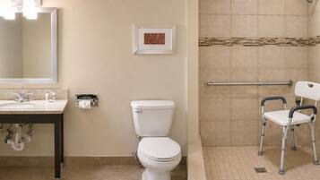 A bathroom with a sink, mirror, toilet, and shower area with a handrail.