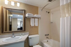 Combined shower/bathtub, free toiletries, hair dryer, towels