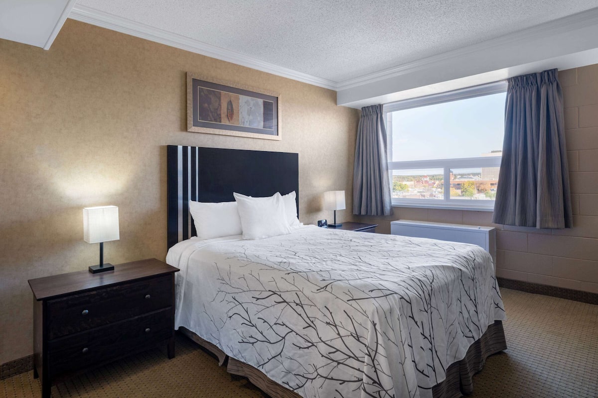 Une chambre d’hôtel avec un grand lit, une table de chevet avec une lampe, un tableau encadré au mur et une fenêtre avec des rideaux.