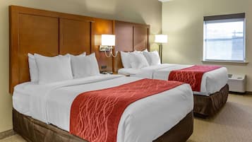 Premium bedding, pillowtop beds, desk, blackout drapes