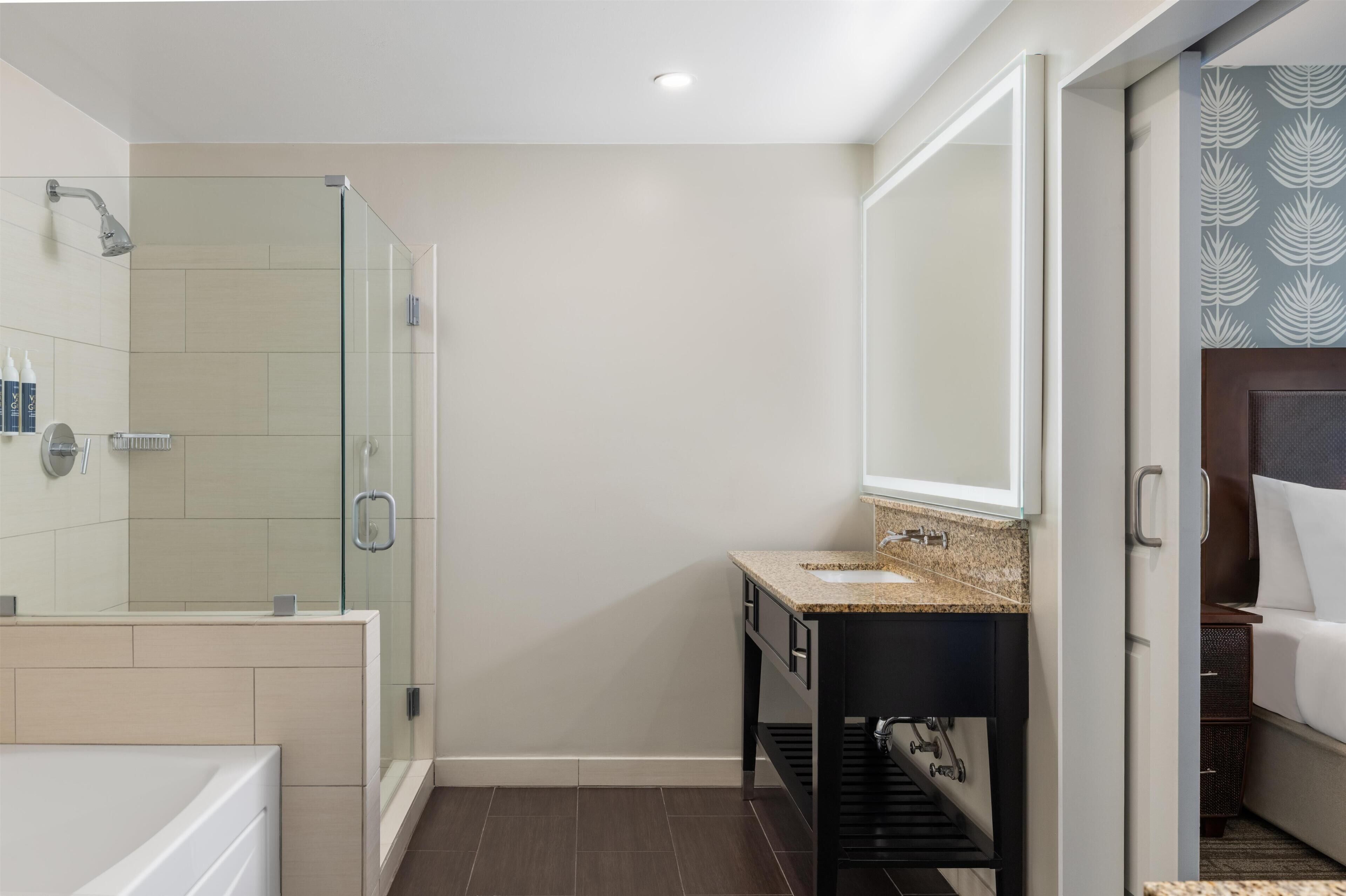 A modern bathroom with a shower, a sink, and a mirror.
