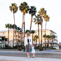 A beachfront hotel with palm trees and a sandy beach.