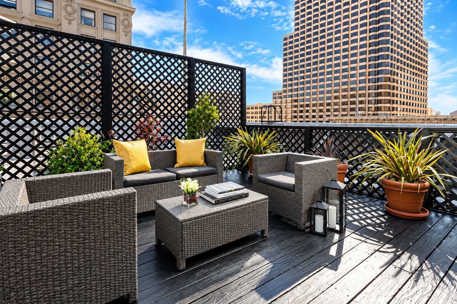An outdoor seating area with wicker furniture, cushions, and potted plants.