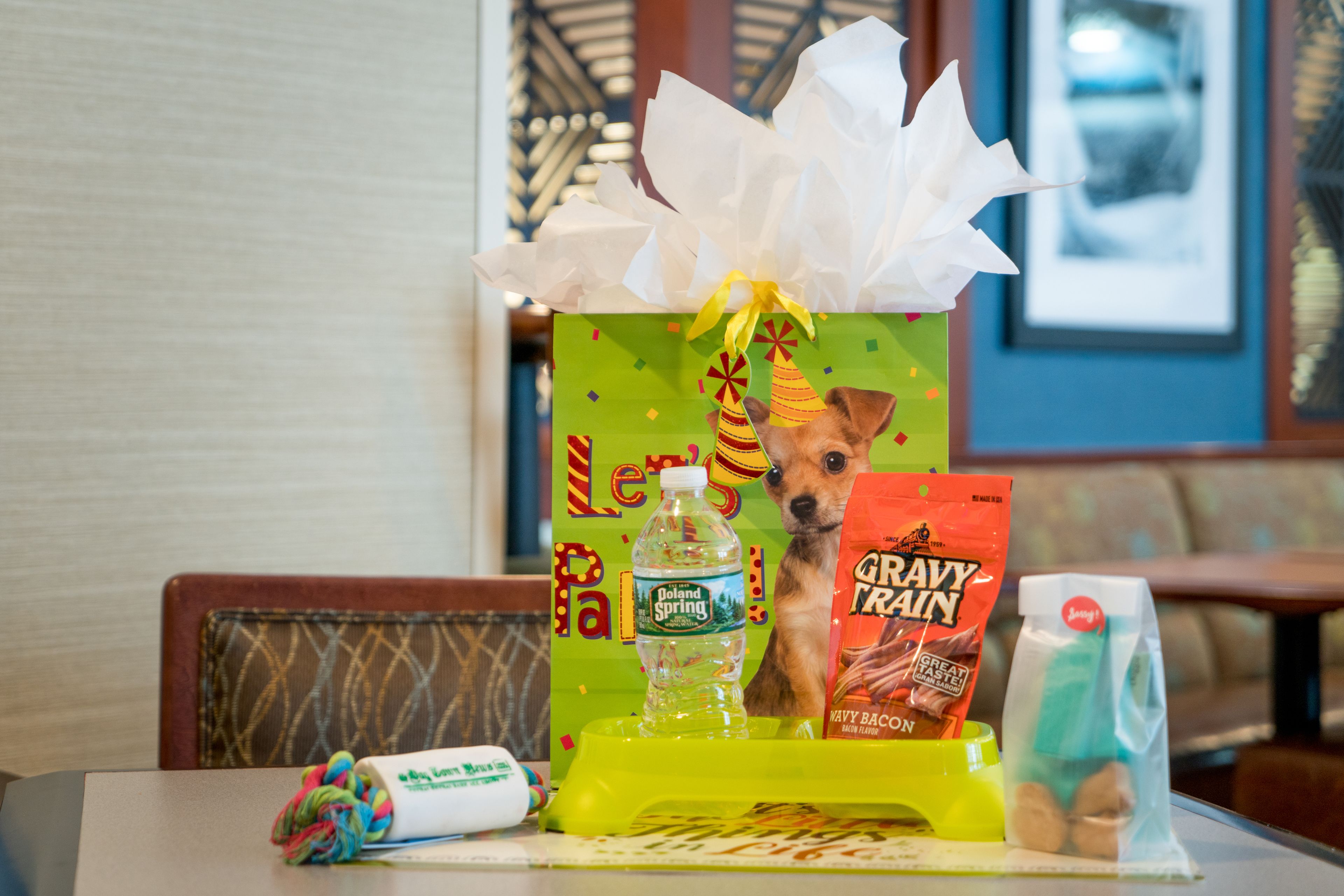 A table with a gift box, a bottle of water, a bag of dog food, and a toy.
