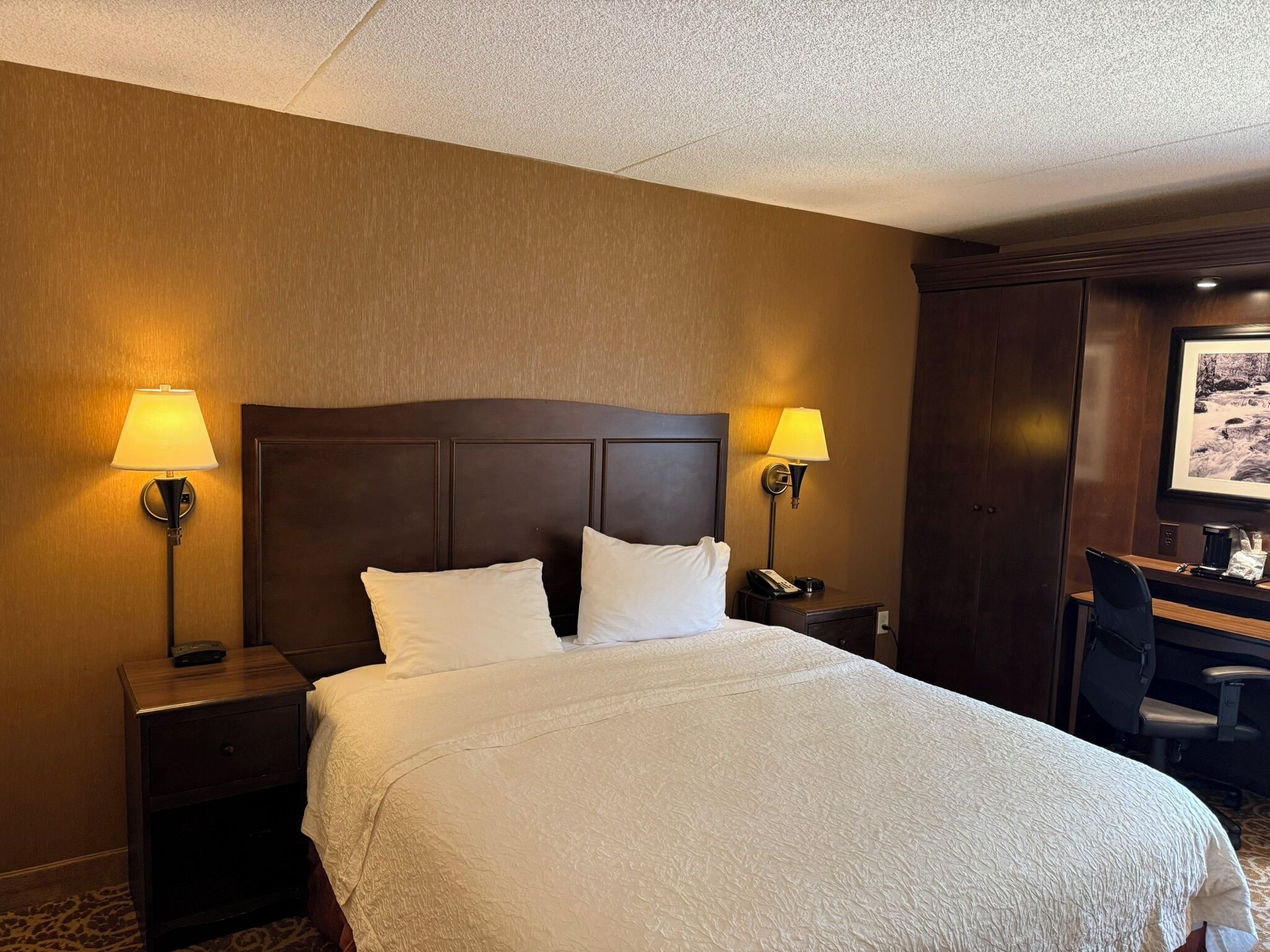 Habitación de hotel con una cama grande, dos lámparas de noche, un escritorio con una silla y un cuadro en la pared.