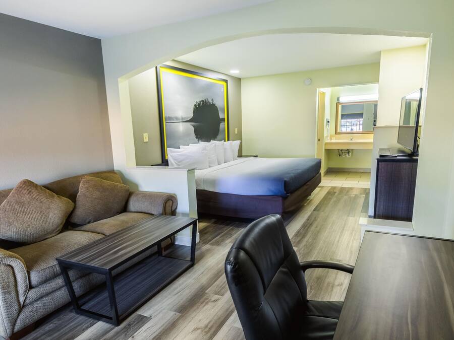 Quarto de hotel moderno com sofá, cama, escrivaninha e cadeira.