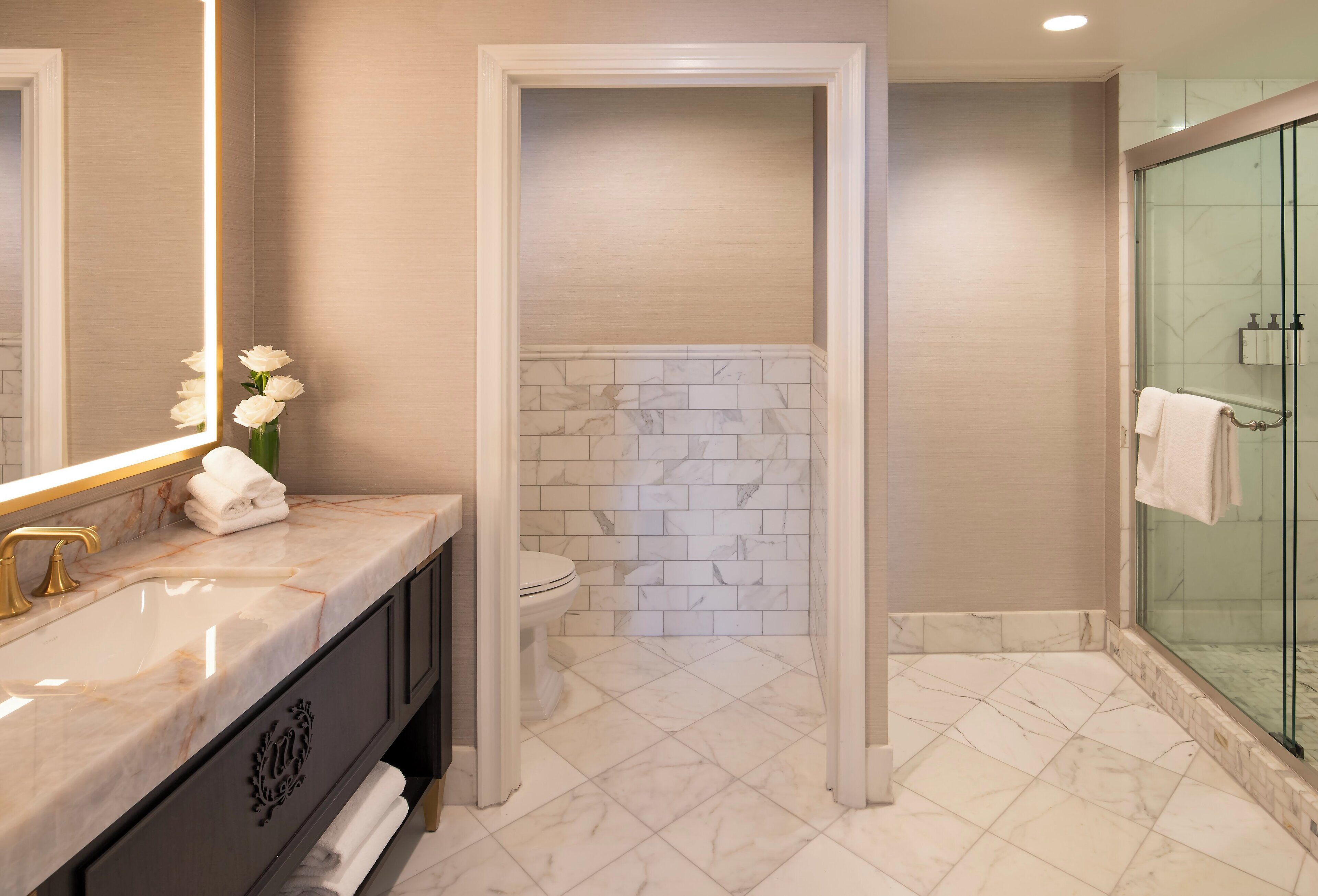 Une salle de bain moderne avec un lavabo en marbre, une douche à parois de verre et des toilettes blanches.