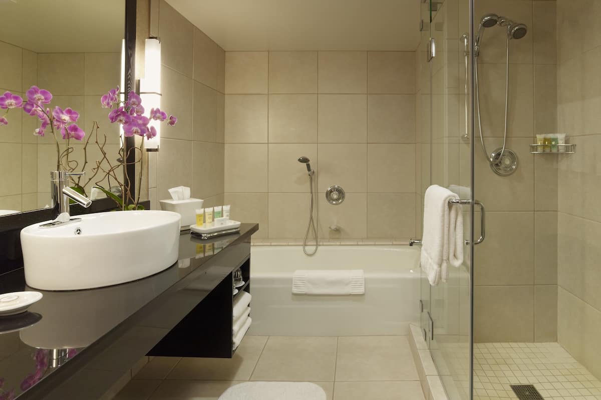 designer toiletries, hair dryer, slippers, towels