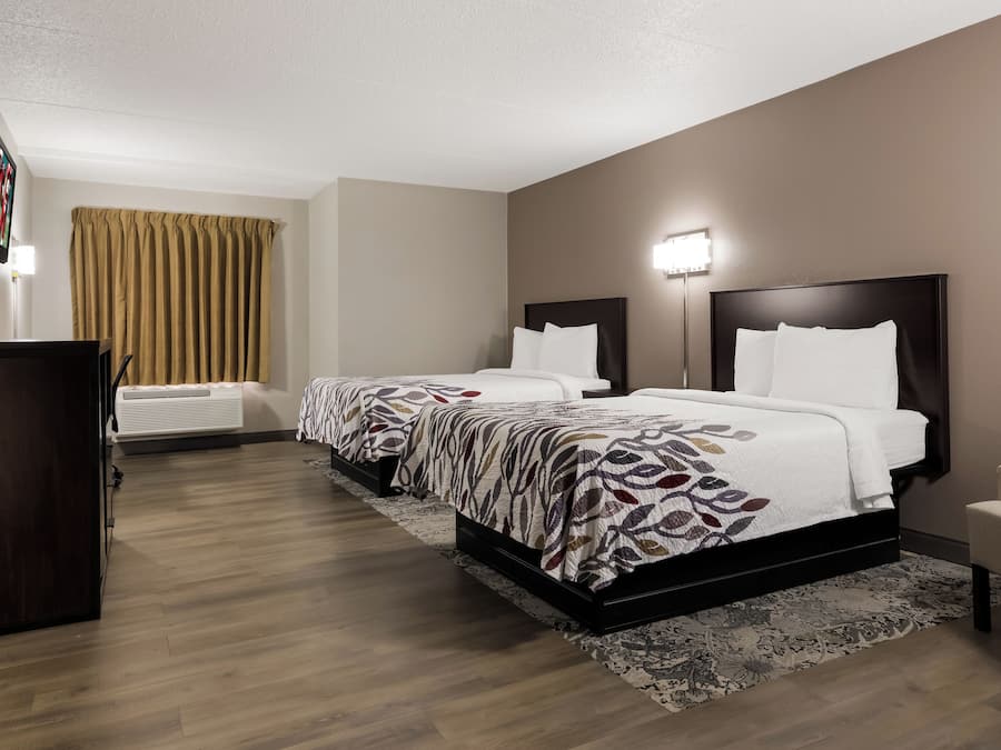 A hotel room with two beds, a flat-screen TV, a desk, and a large window.