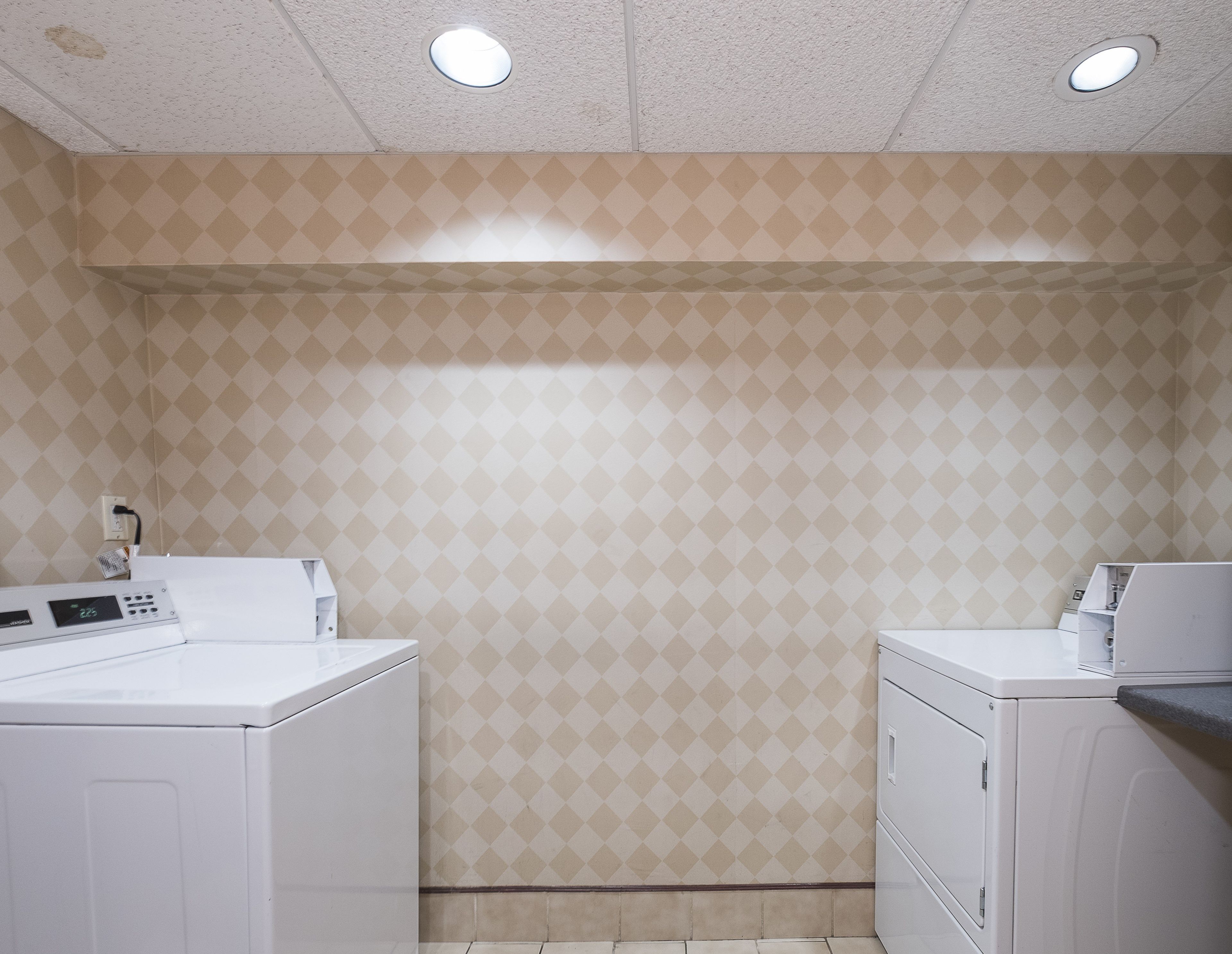 Une buanderie équipée de deux machines à laver, d’un panneau de commande et de murs décorés de motifs.
