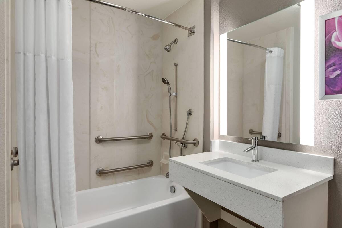 Un baño moderno con una bañera, ducha con barras de apoyo, lavabo con espejo y un cuadro enmarcado en la pared.