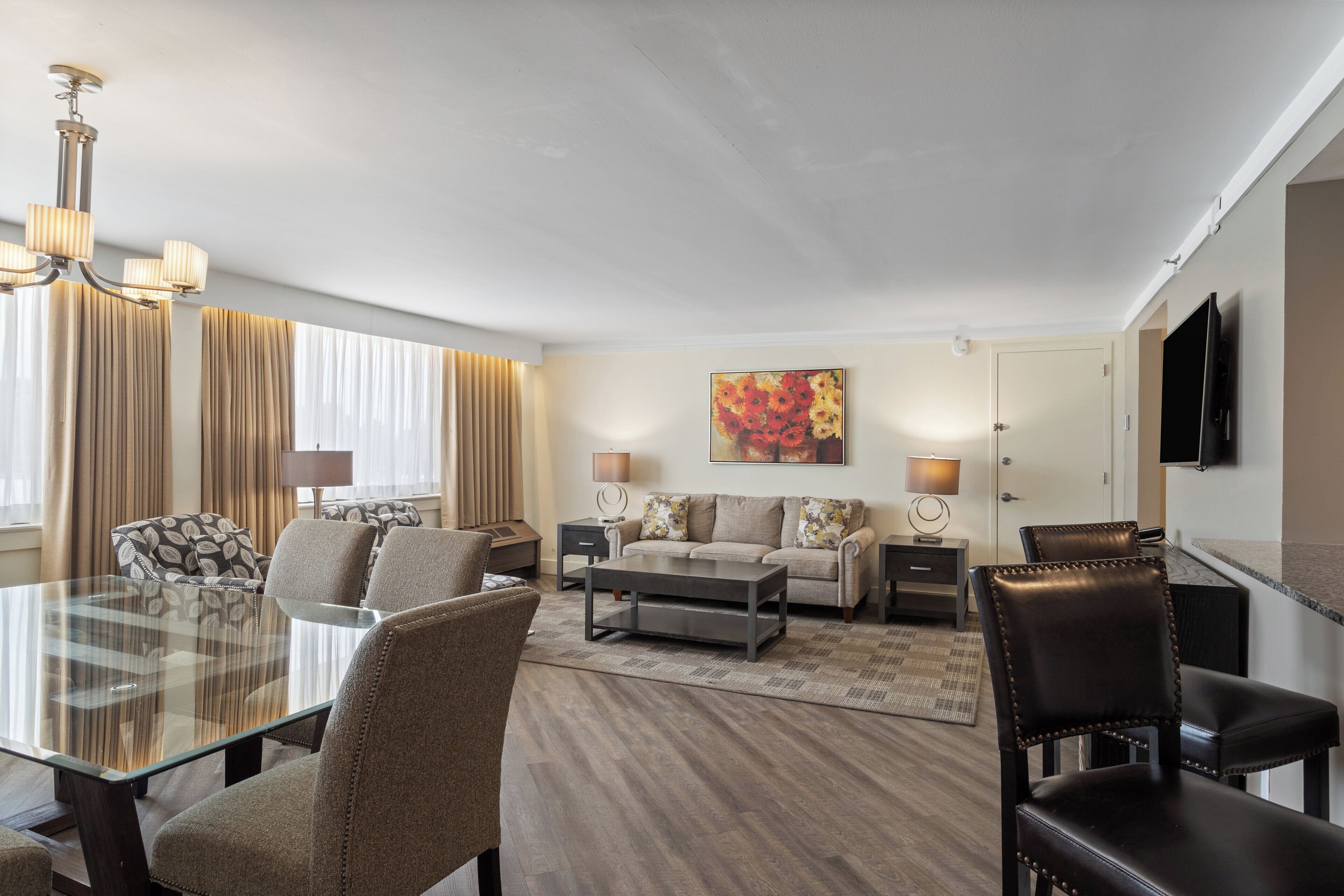 Premium bedding, desk, laptop workspace, soundproofing