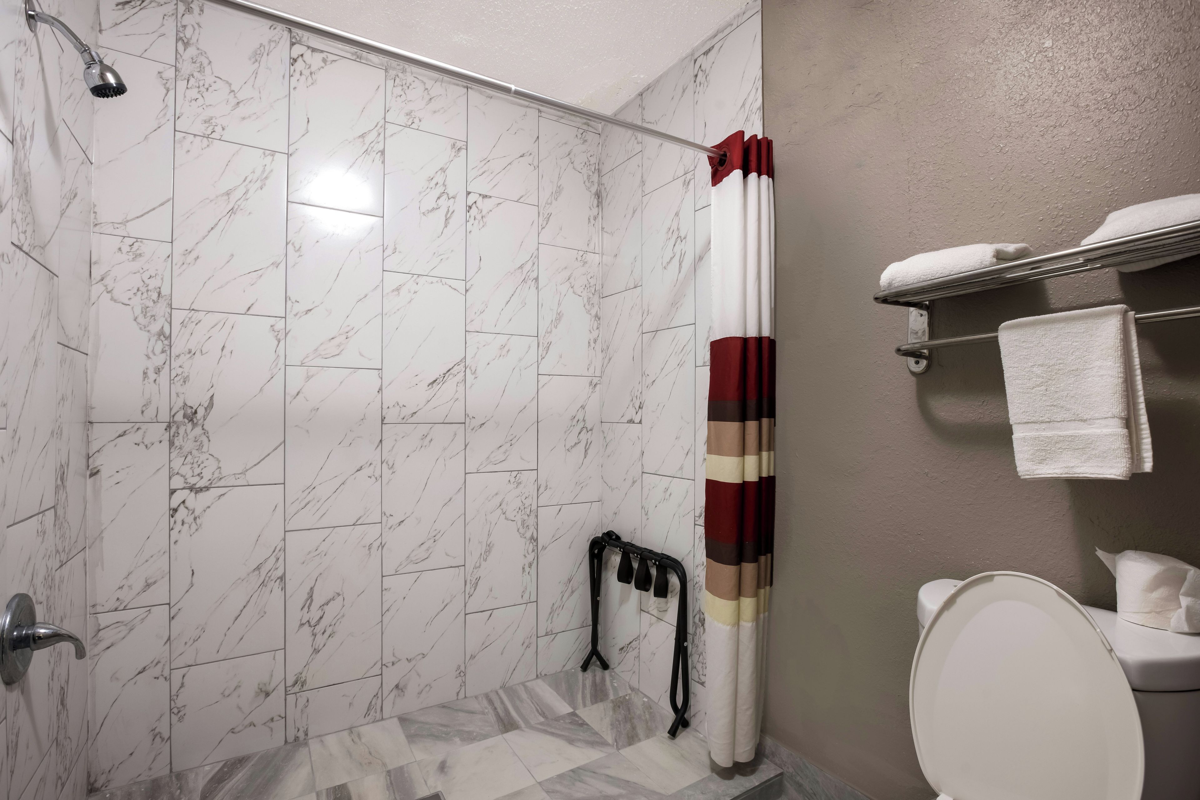 A bathroom with a shower, toilet, and towel rack.