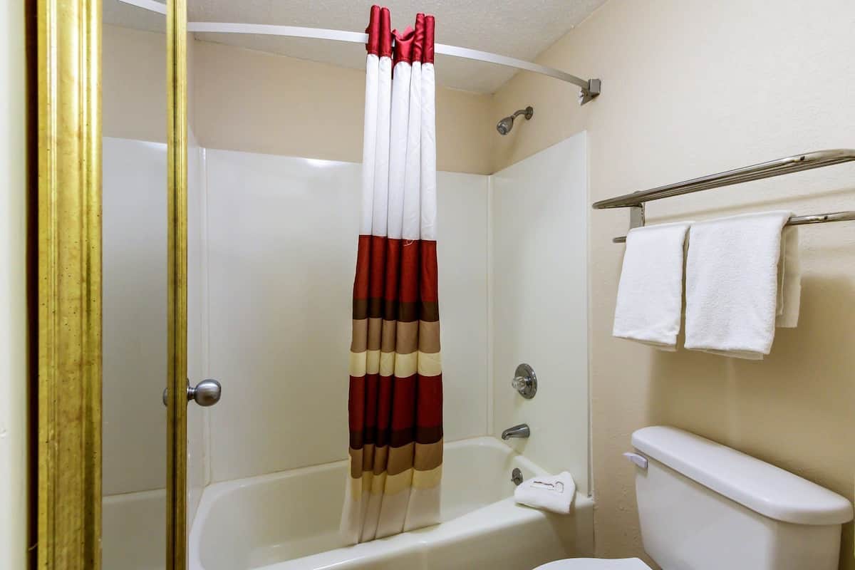 Een badkamer met douchegordijn, bad, toilet en handdoekrek.