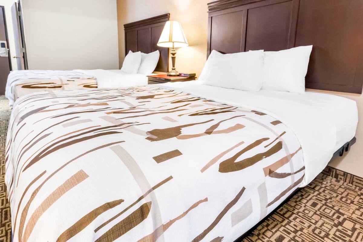 Ein Hotelzimmer mit einem großen Bett, einem Nachttisch mit Lampe und einem gemusterten Teppich.