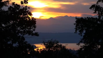 Tramonto sulle montagne con le sagome di alberi in primo piano.