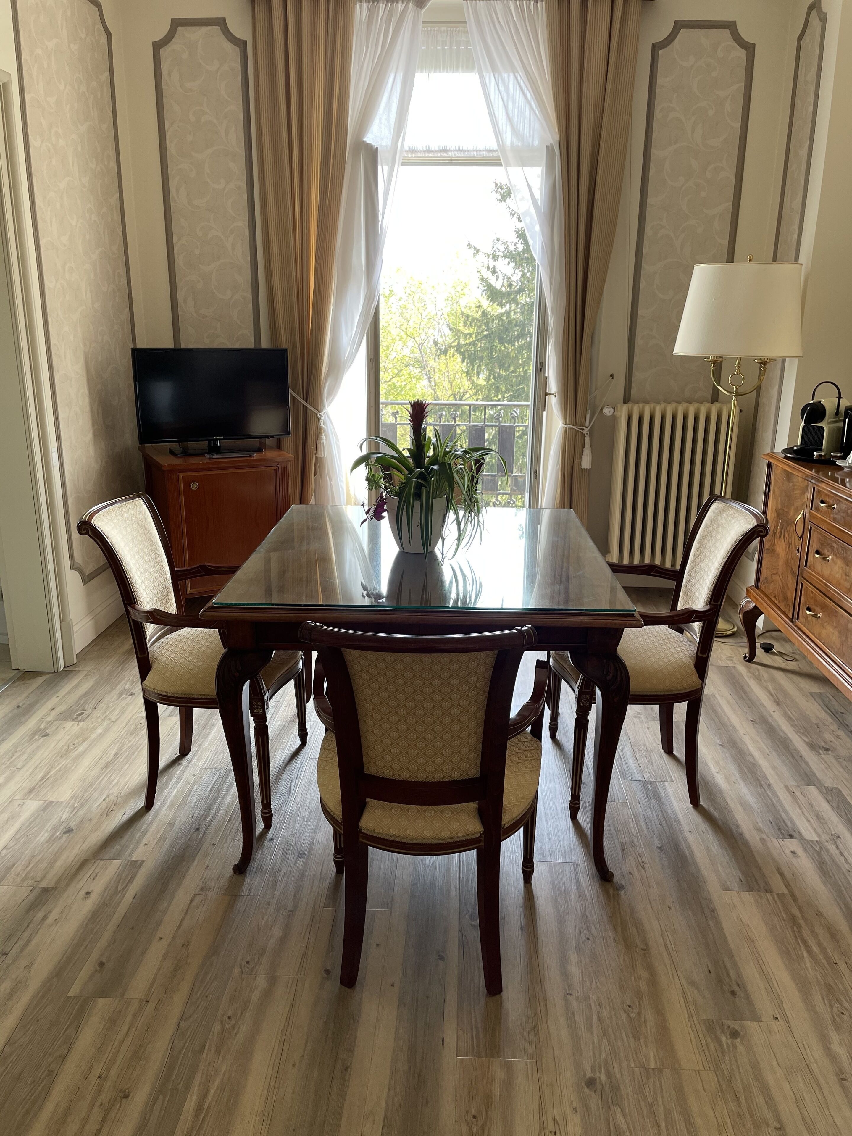 A dining room with a large wooden table, four upholstered chairs, a television on a wooden cabinet, a potted plant, and a radiator.