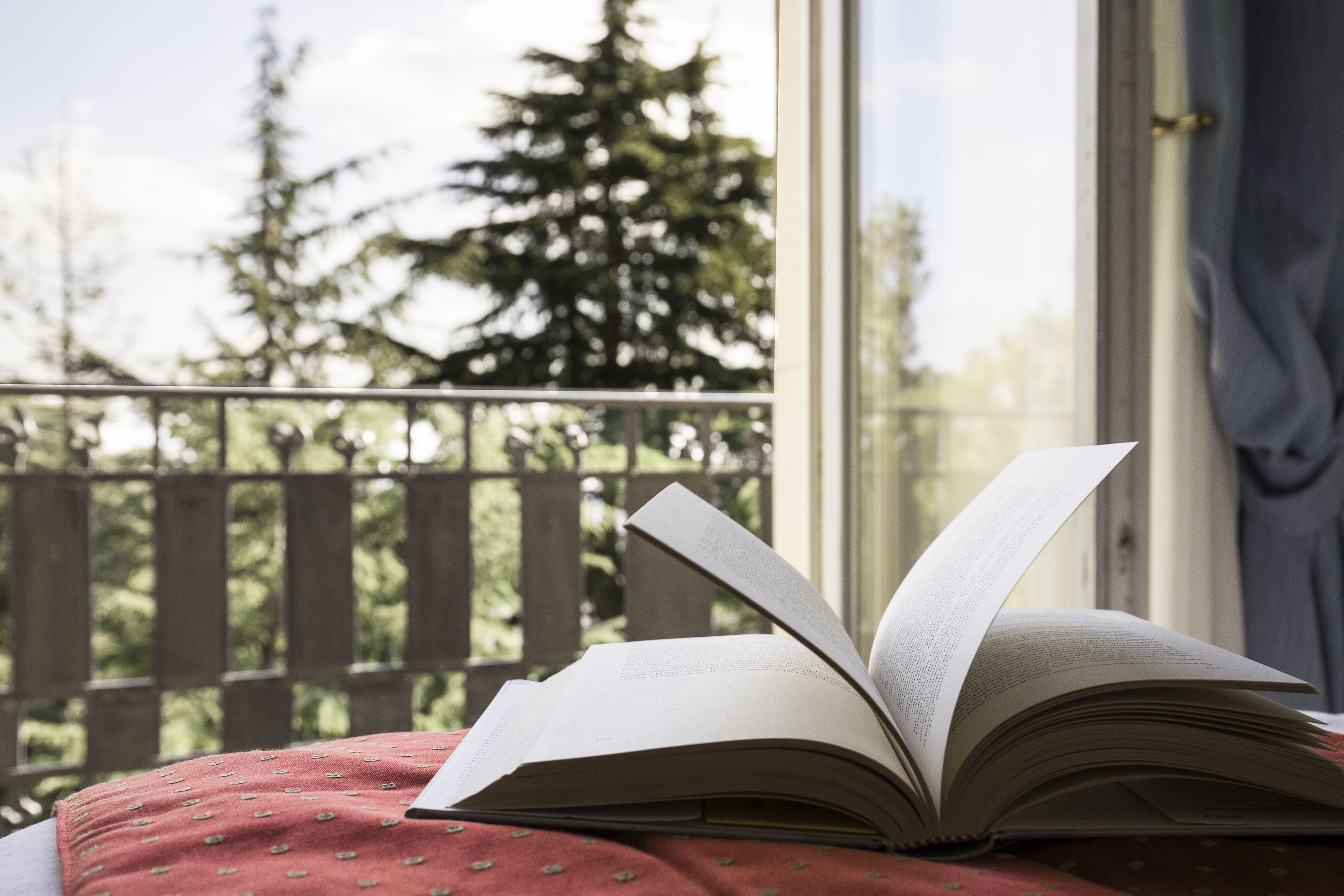 An open book on a bed with a view of a wooden deck and trees outside a window.