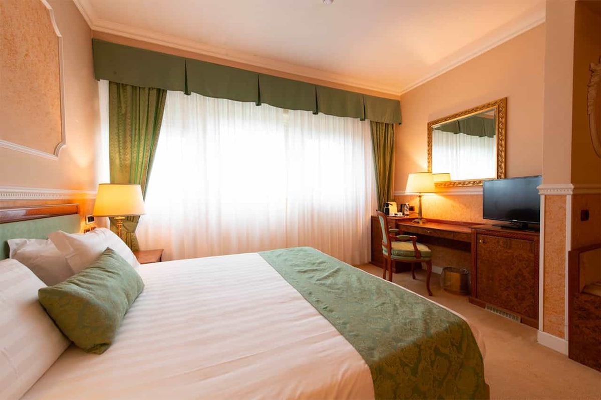 A hotel room with a large bed, a desk with a television, and a mirror on the wall.