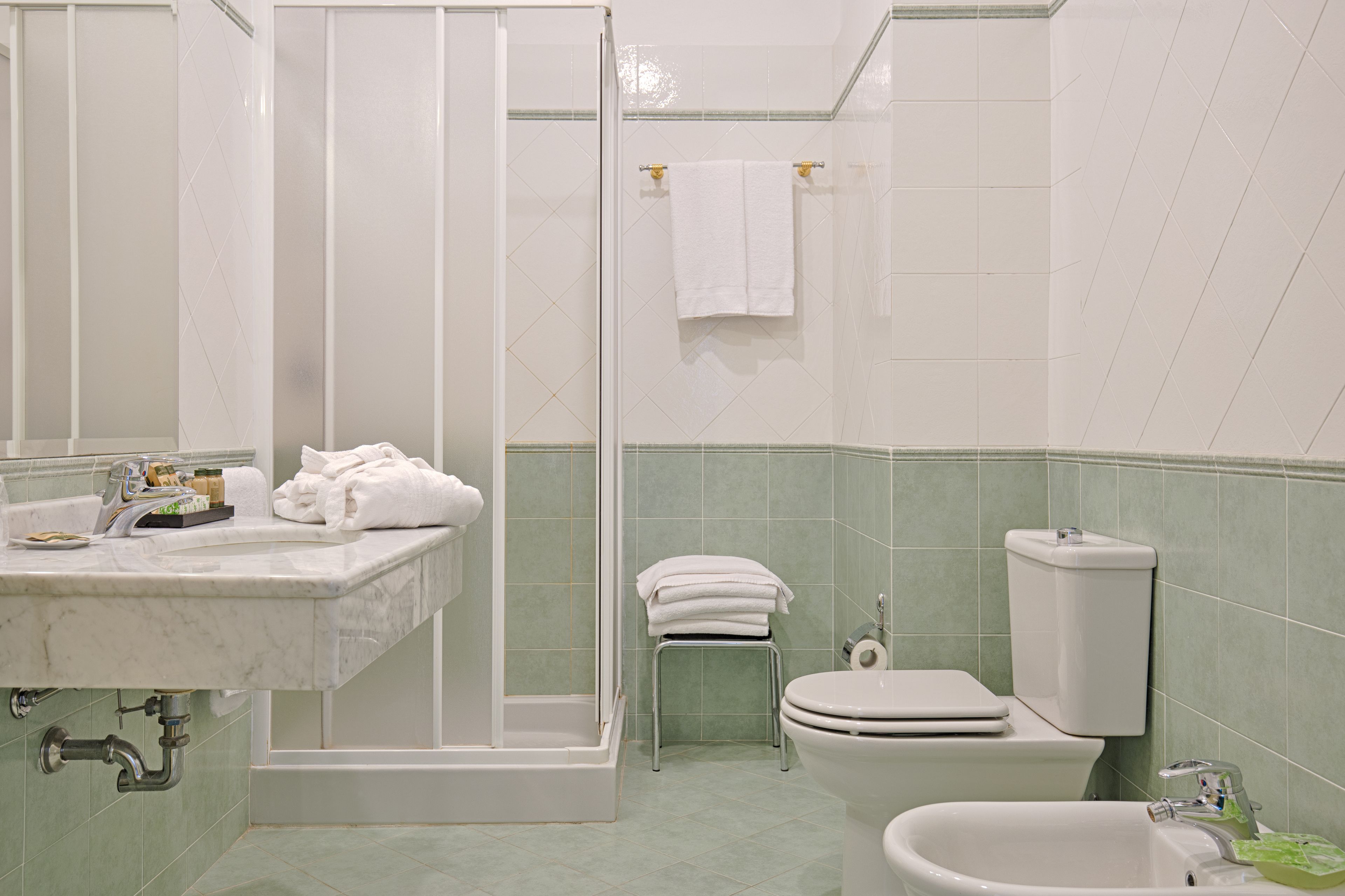 A bathroom with a shower, toilet, bidet, and sink.