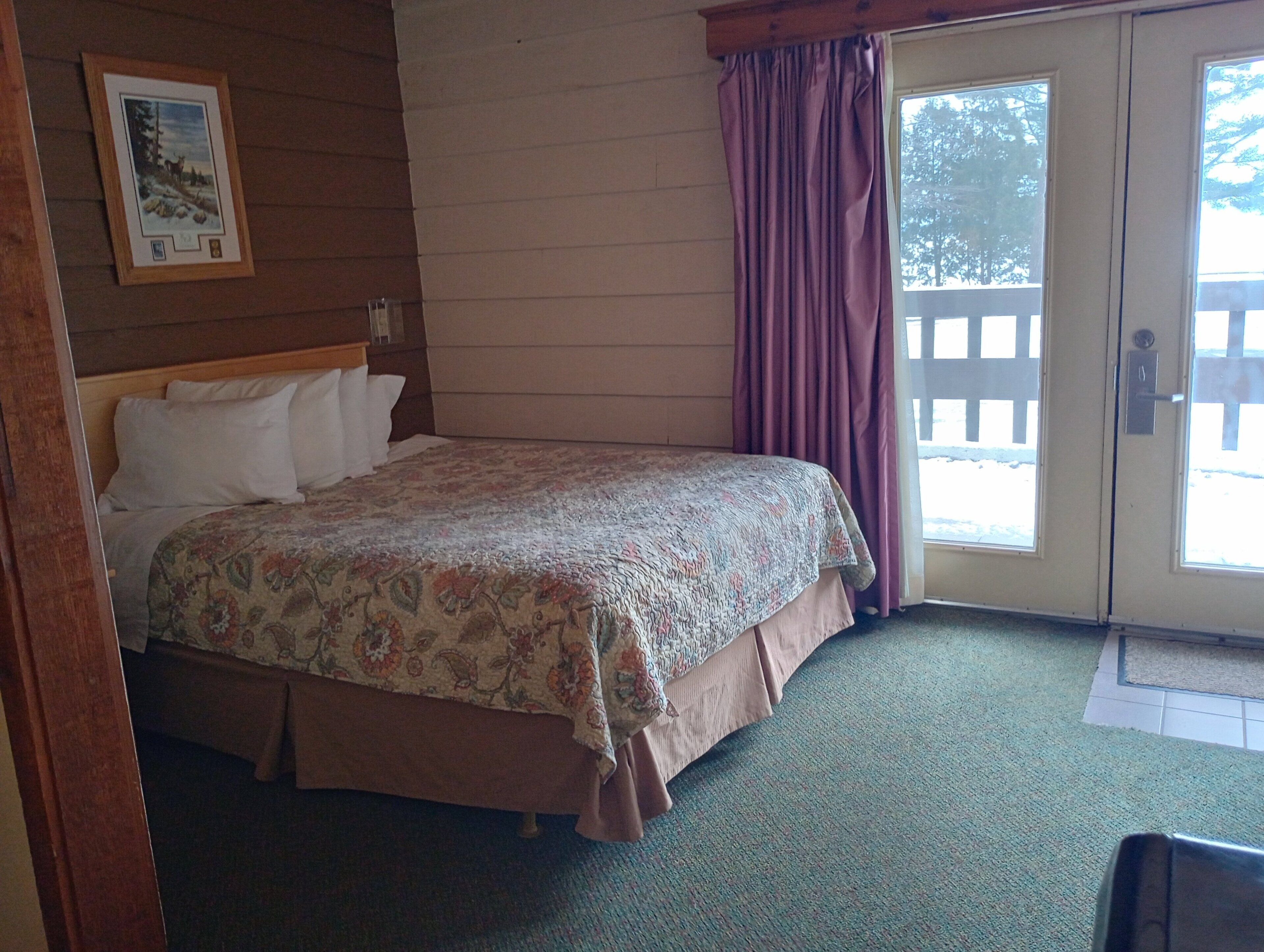 A bedroom with a bed, a door leading outside, and a framed picture on the wall.