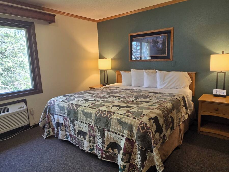 A bedroom with a large bed, two bedside tables with lamps, a window with a view, and a wall-mounted picture.