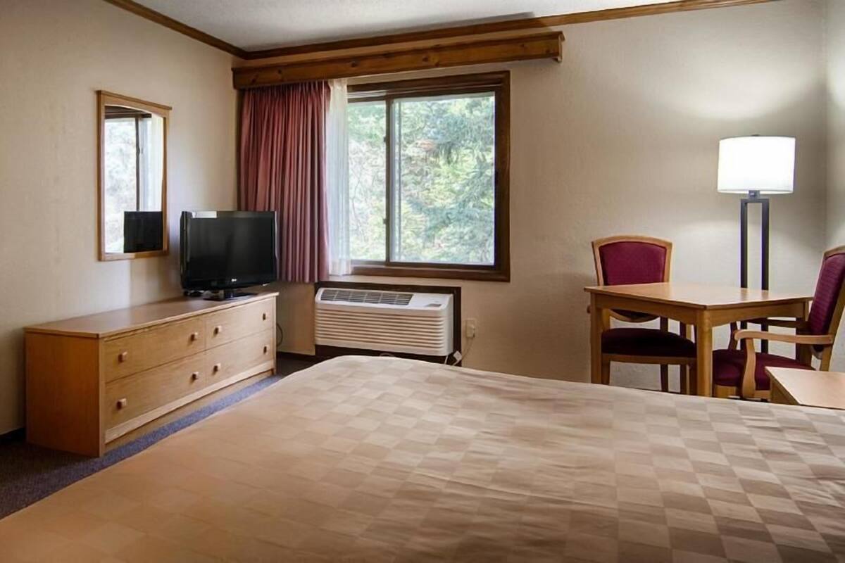 A hotel room with a bed, a wooden dresser, a television, a desk with a chair, and a window with curtains.