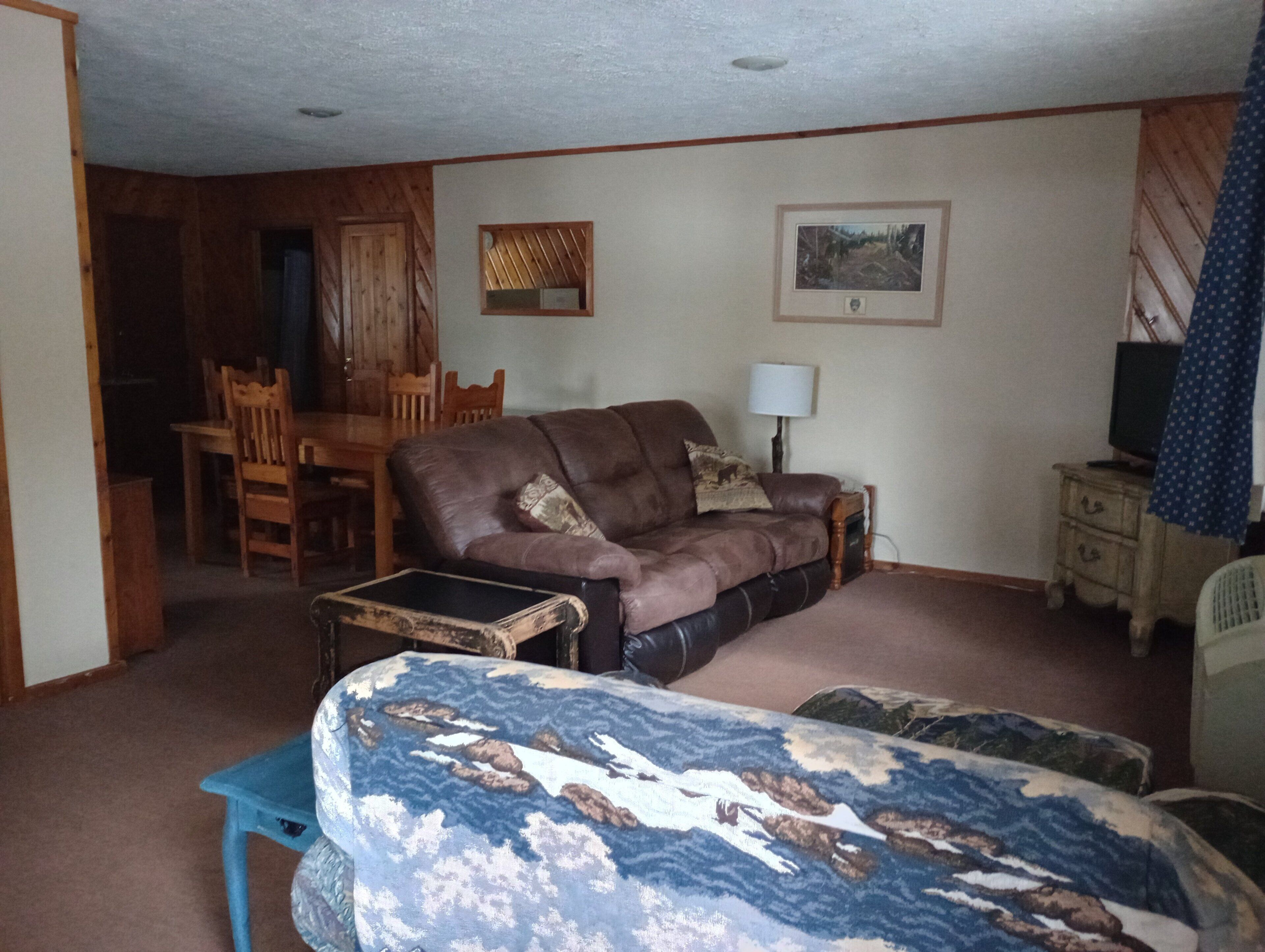 A living room with a brown leather sofa, a blue armchair, a wooden dining table with chairs, a small cabinet, and a television on a wooden stand.