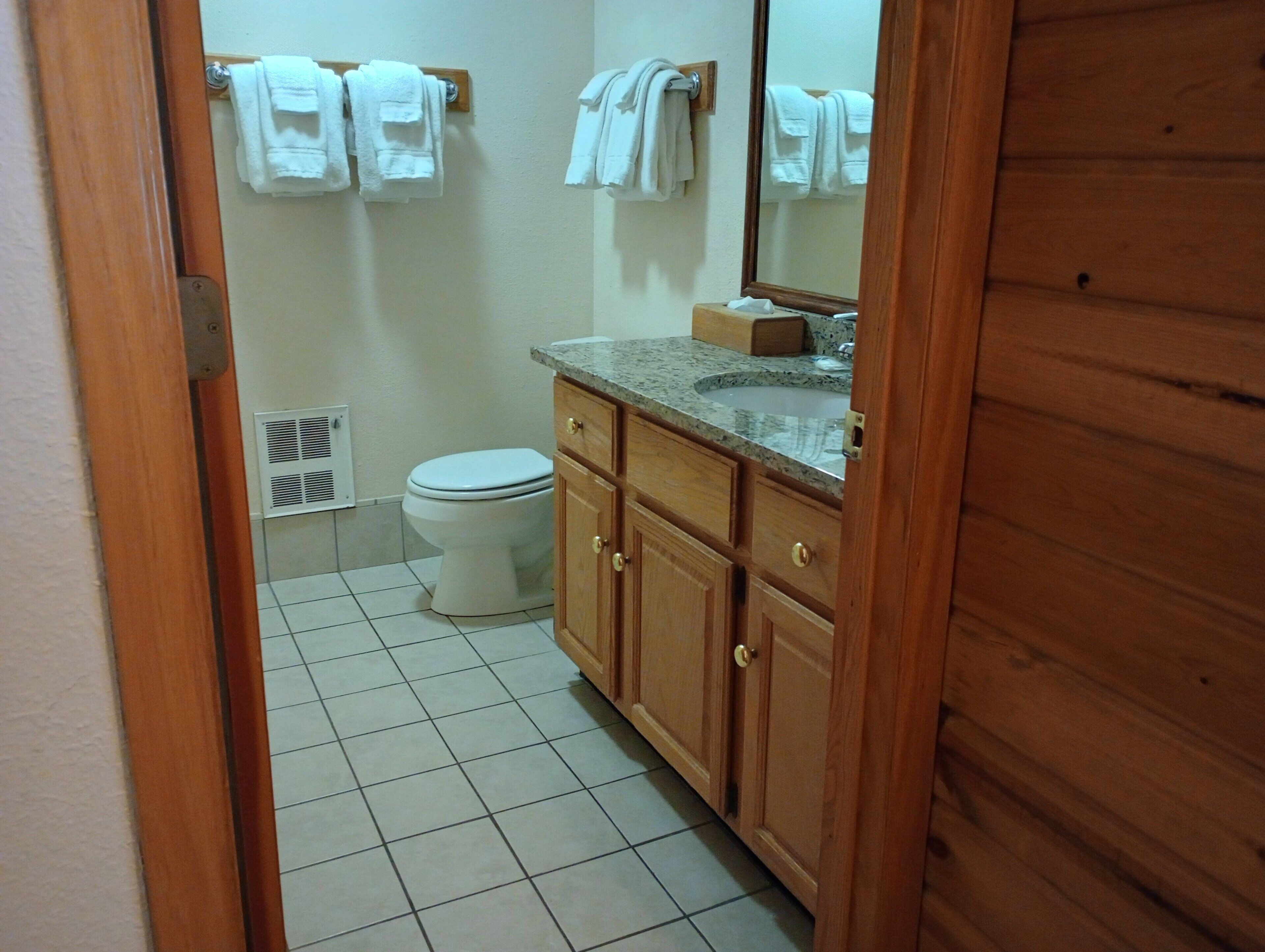 Une salle de bain avec des toilettes, un lavabo et des meubles en bois.
