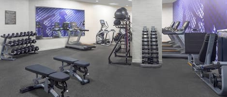 A gym with treadmills, elliptical machines, free weights, and benches.
