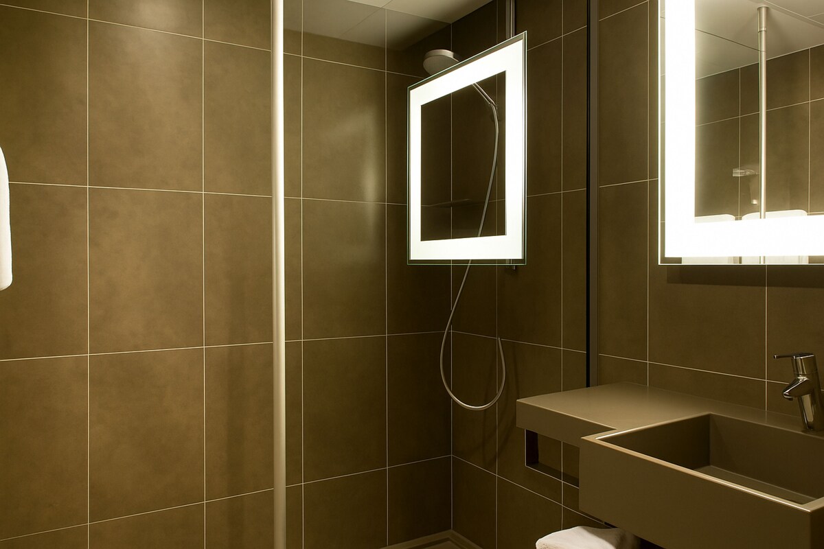 A modern bathroom with a large mirror, a shower, and a sink.