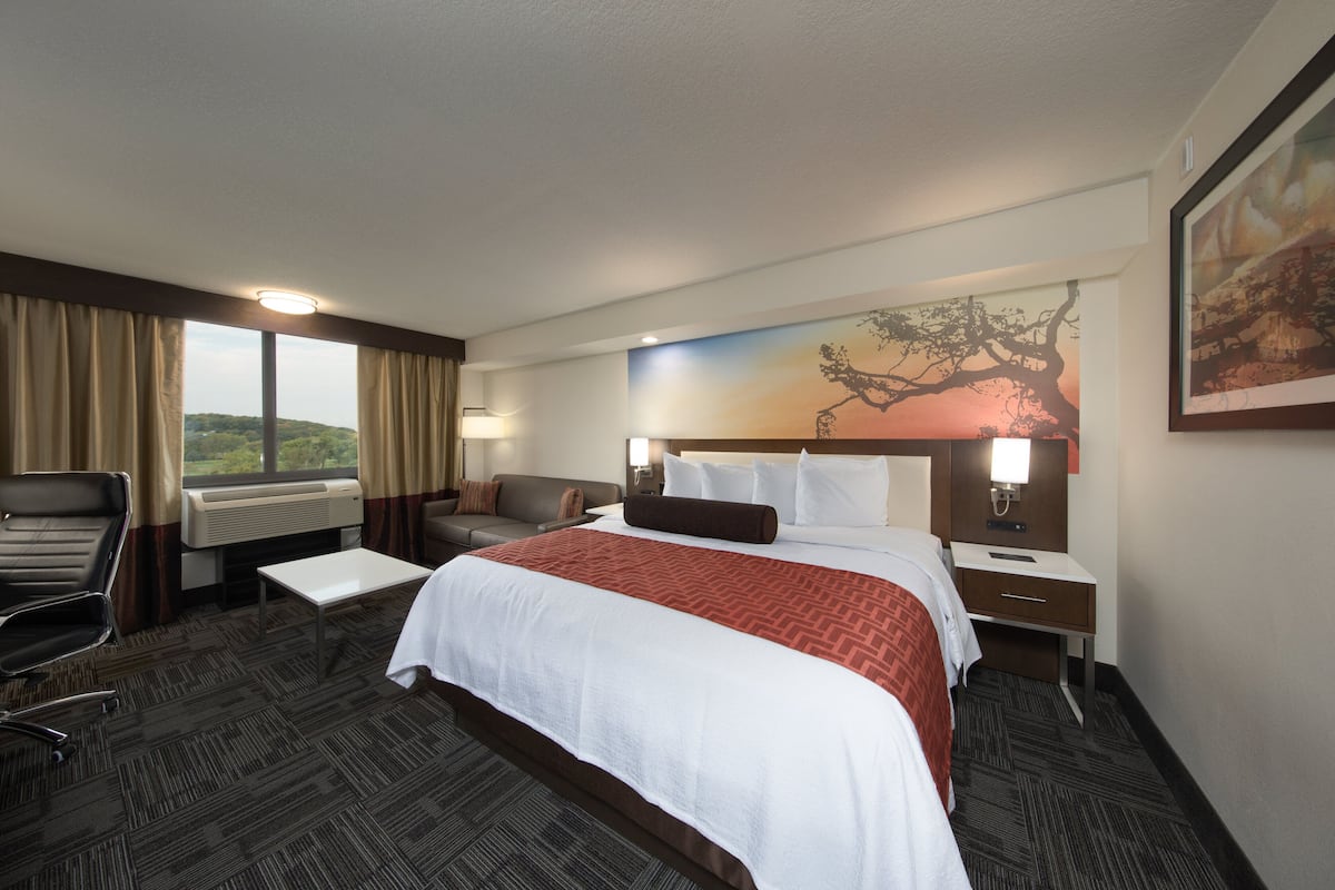 A hotel room with a large bed, a desk, a chair, a sofa, and a window with curtains.