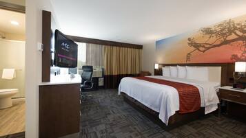 Una habitación de hotel con cama, escritorio, silla, televisor y un cuadro en la pared.
