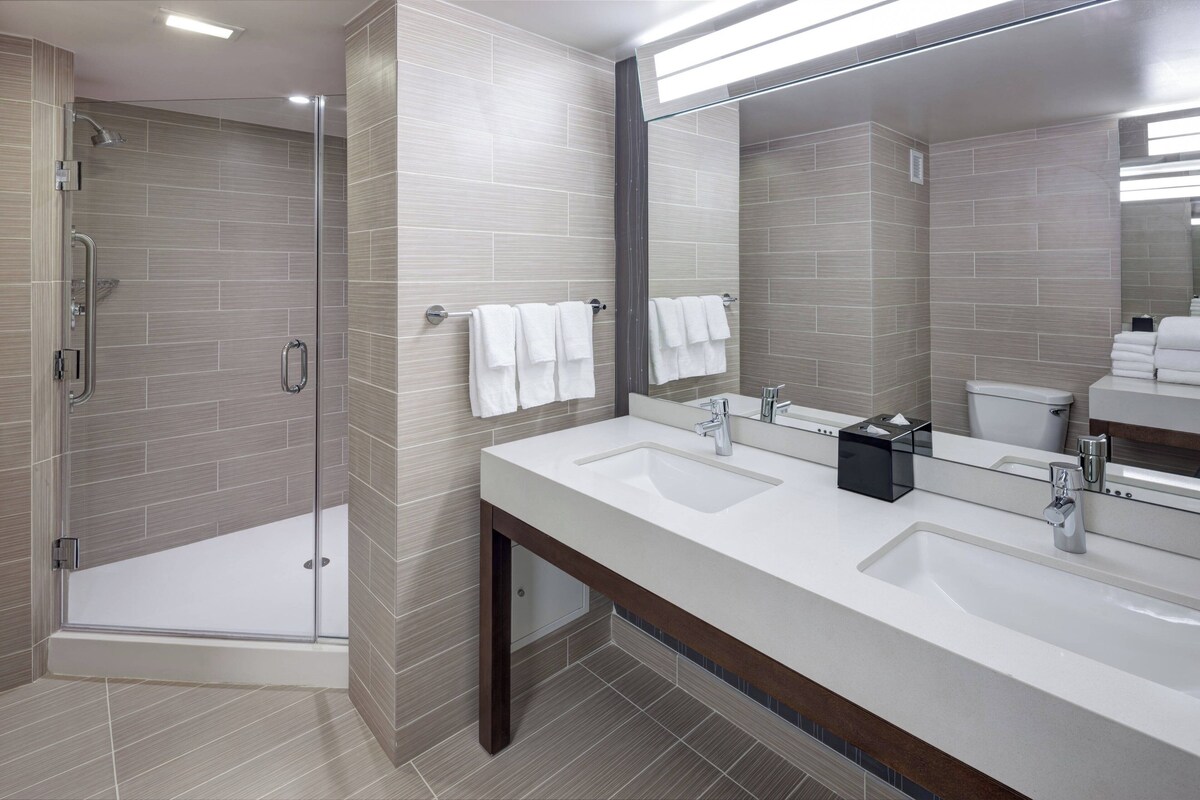 Une salle de bain moderne avec une douche à l’italienne en verre, un grand miroir et deux vasques.
