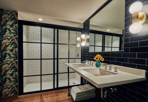 Combined shower/tub, free toiletries, hair dryer, towels