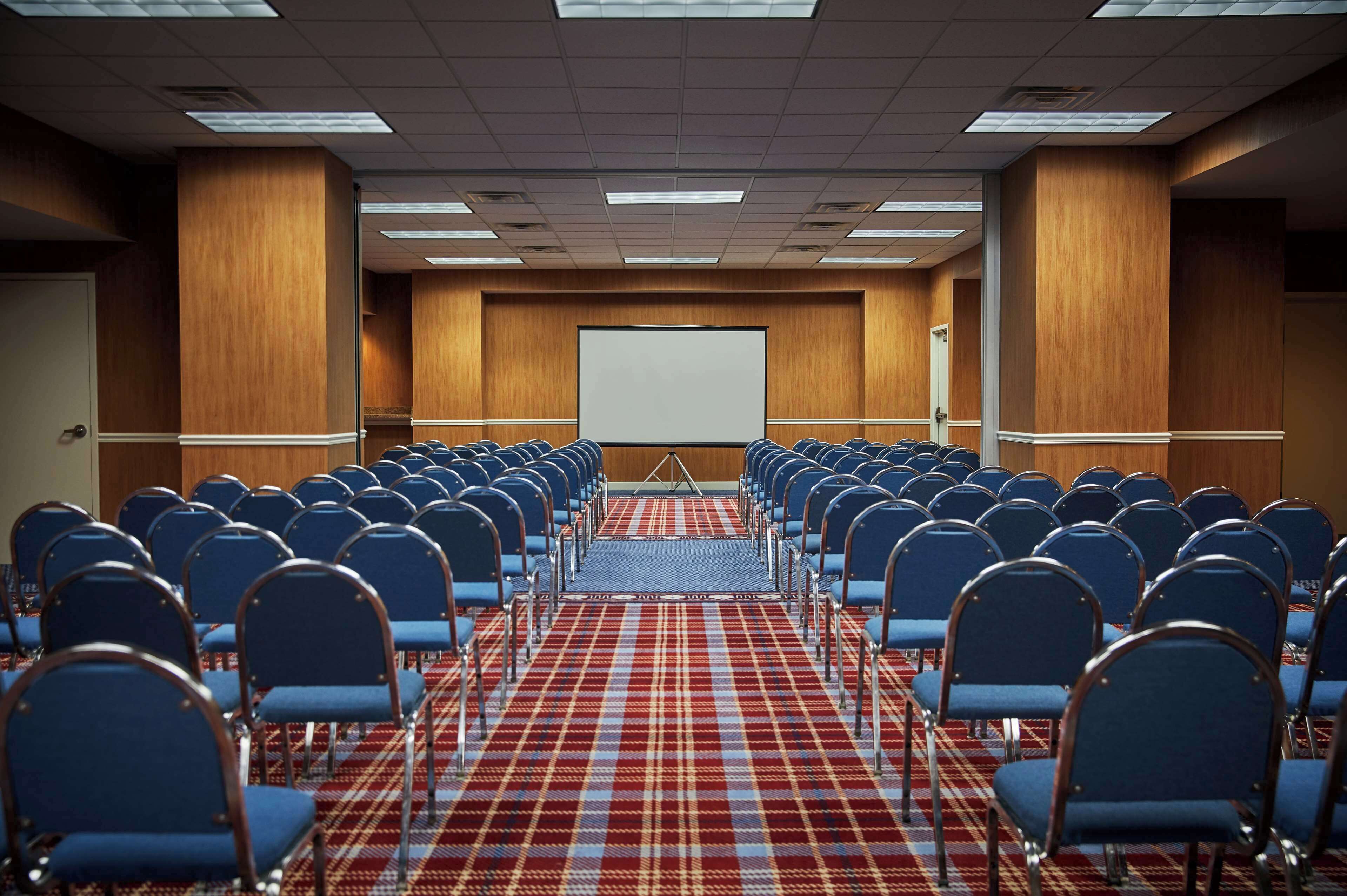 A conference room with rows of blue chairs, a red and white checkered carpet, and a large white screen at the front.