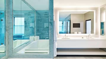 Designer toiletries, hair dryer, bathrobes, slippers