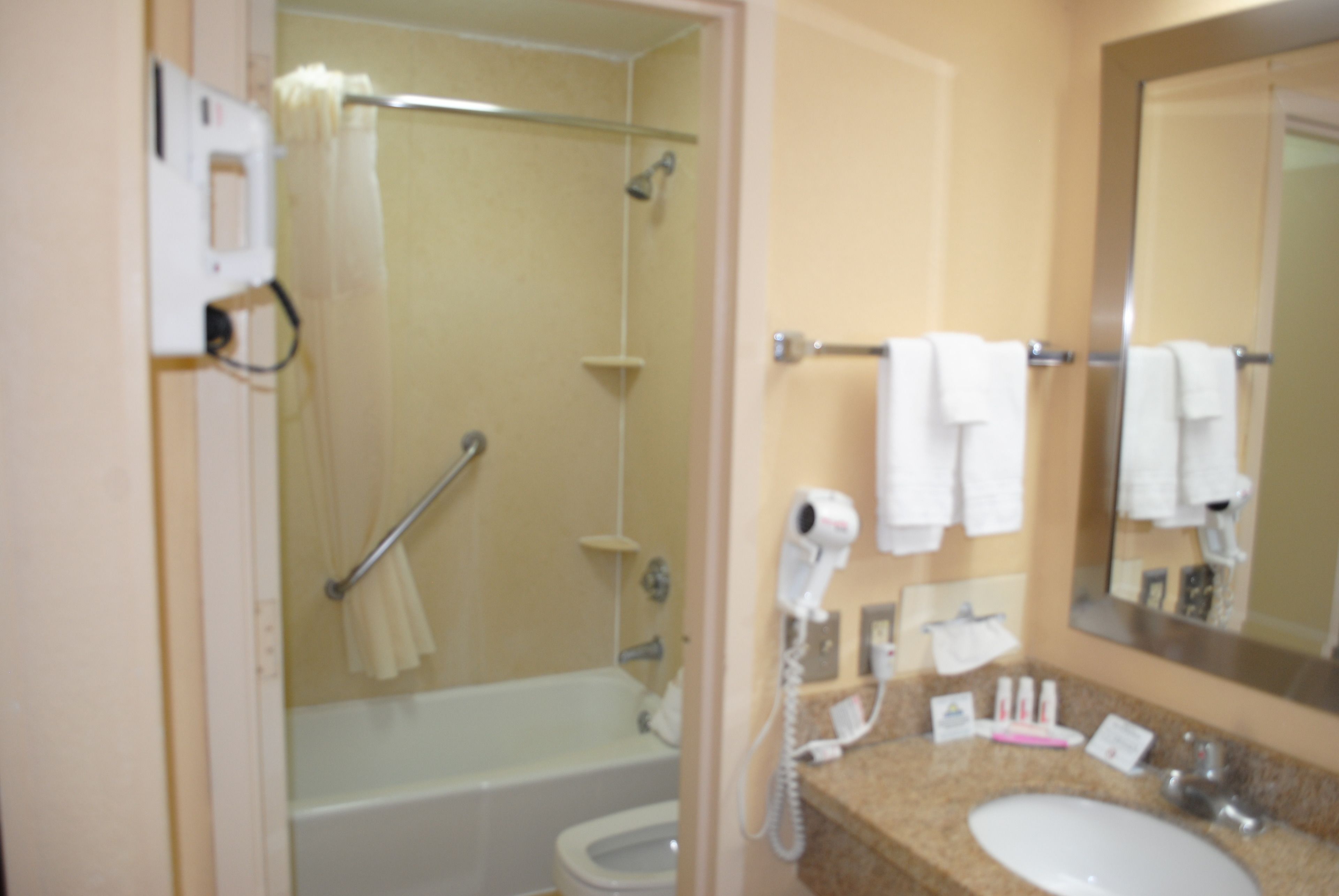 combined shower/bathtub, free toiletries, hair dryer, towels